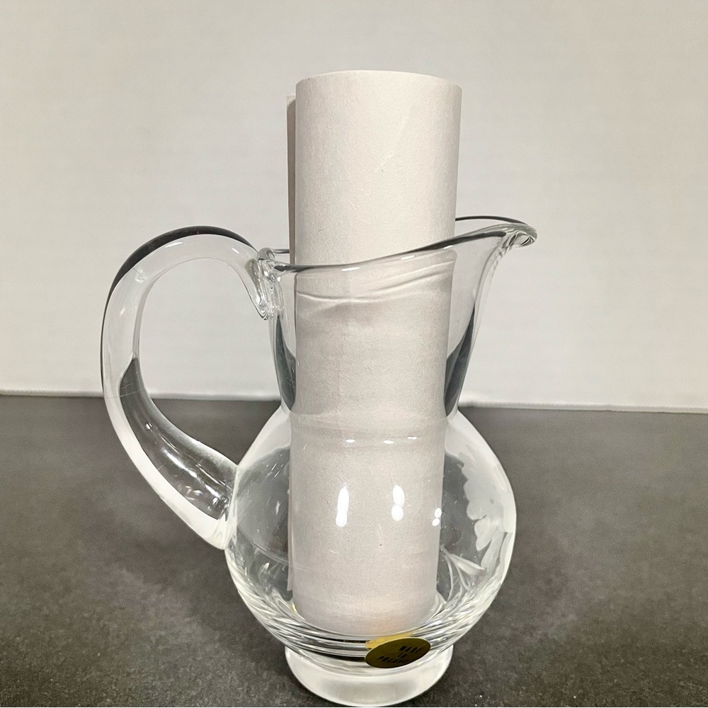 Vintage Polish Crystal Pitcher Hand Blown Etched Flower 3.75” Syrup Pitcher